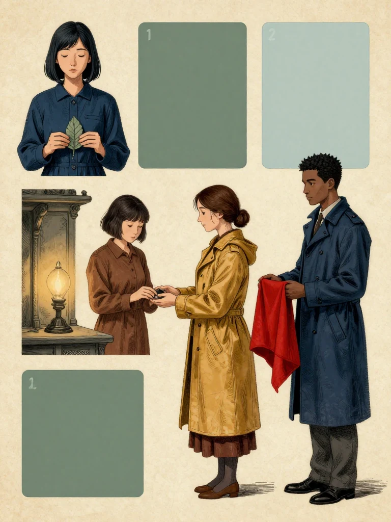 Tamsin Orr keeps the allocation leaf in both hands while Ilex Mora closes the lamp shutter, Nara Vale receives the requested remedy with lowered palms, and Kez Brann holds the matching red linen half as witness. The access key fades toward pale blue. Damp shelf light reveals three future copy sleeves, the blank return token, and custody remaining with the claimant. Setting: Null Stacks. Visible objects: Copied Allocation Leaf and Reciprocal Red Witness Thread.