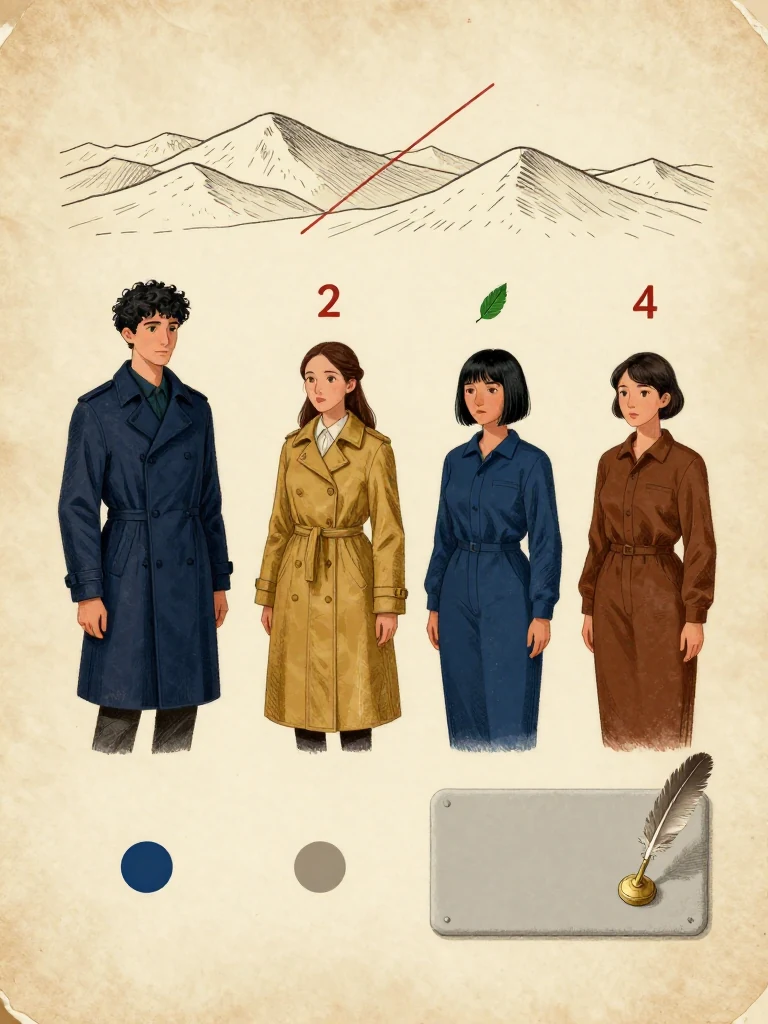 Kez Brann maintains the living line through the moving ranges while Nara Vale draws a single cancellation stroke across the offered recovery field, Tamsin Orr retains the thin allocation leaf, and Ilex Mora renews the quill seal at the exit slate. The blank fourth token waits beside two existing blue cuff marks as a rejected advancement field cools gray. Setting: Null Stacks. Visible objects: Copied Allocation Leaf.