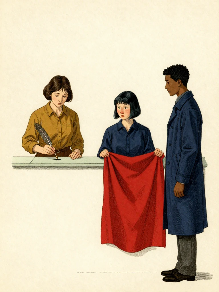 Ilex Mora draws a firm correction stroke through the object field and sets the concord quill on the exit slate while Tamsin Orr picks it up independently and Kez Brann holds the matching red linen halves across the threshold. The sponsor seal darkens under review. Cold range light reveals the rejected fire token, blank fourth tally, and a claimant category replacing material recovery. Setting: Null Stacks. Visible objects: Reciprocal Red Witness Thread.