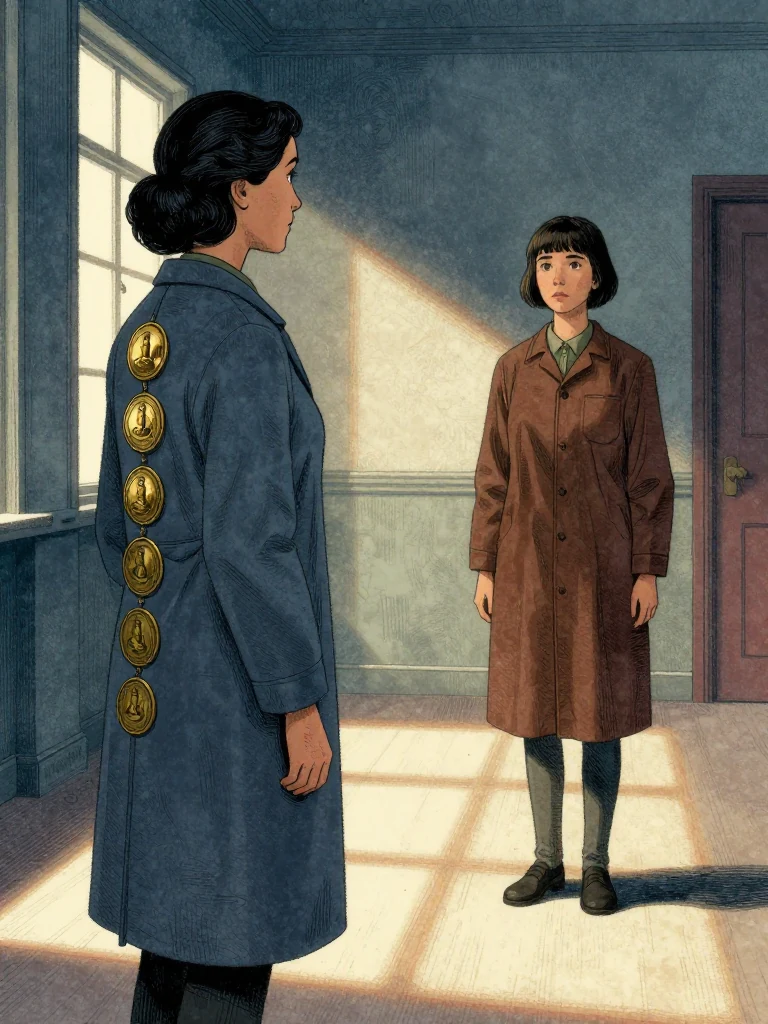 Adra Voss stands in profile facing Ilex Mora, her ash-blue coat displaying seven office seals in a neat chain. the same person stands still, facing forward, her posture rigid. Morning light cuts across the hall in hard white bars, illuminating the polished floor and the seals' metallic sheen. Setting: Great Index Hall.
