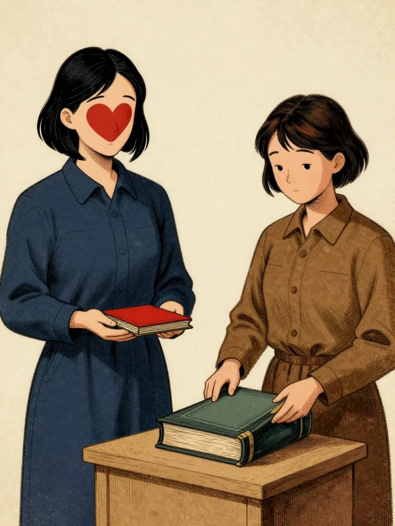 Tamsin Orr holds a third facsimile beneath her palm while Ilex Mora seals a second copy into a closed featureless bound object. the same person places the first copy into a public docket. Both stand near a claimant line under neutral light, within an uncluttered space or location.