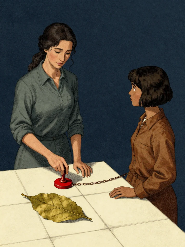 Adra Voss, the same person, presses a seal from her chain onto a clean tile. Ilex Mora, the same person, stands nearby, observing the alignment of the seal beside the leaf. Side light casts sharp shadows across the surface. The leaf lies flat, its routes visible, and the seal's seven points mirror its shape. Visible objects: Copied Allocation Leaf.