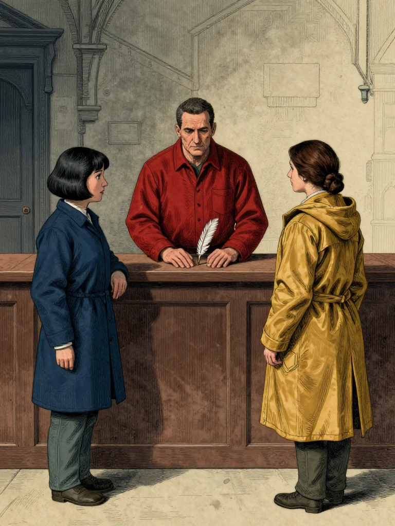 Seln Rook stands behind the teaching rail and removes both hands from an immaculate quill, placing the palms flat on wood while Tamsin Orr faces the same person across the public line. Nara Vale closes fingers over a waterproof square inside one sleeve. White hall light reveals restrained postures, an empty historical-witness place, and direct accountability for an emergency mechanism. Setting: Great Index Hall.