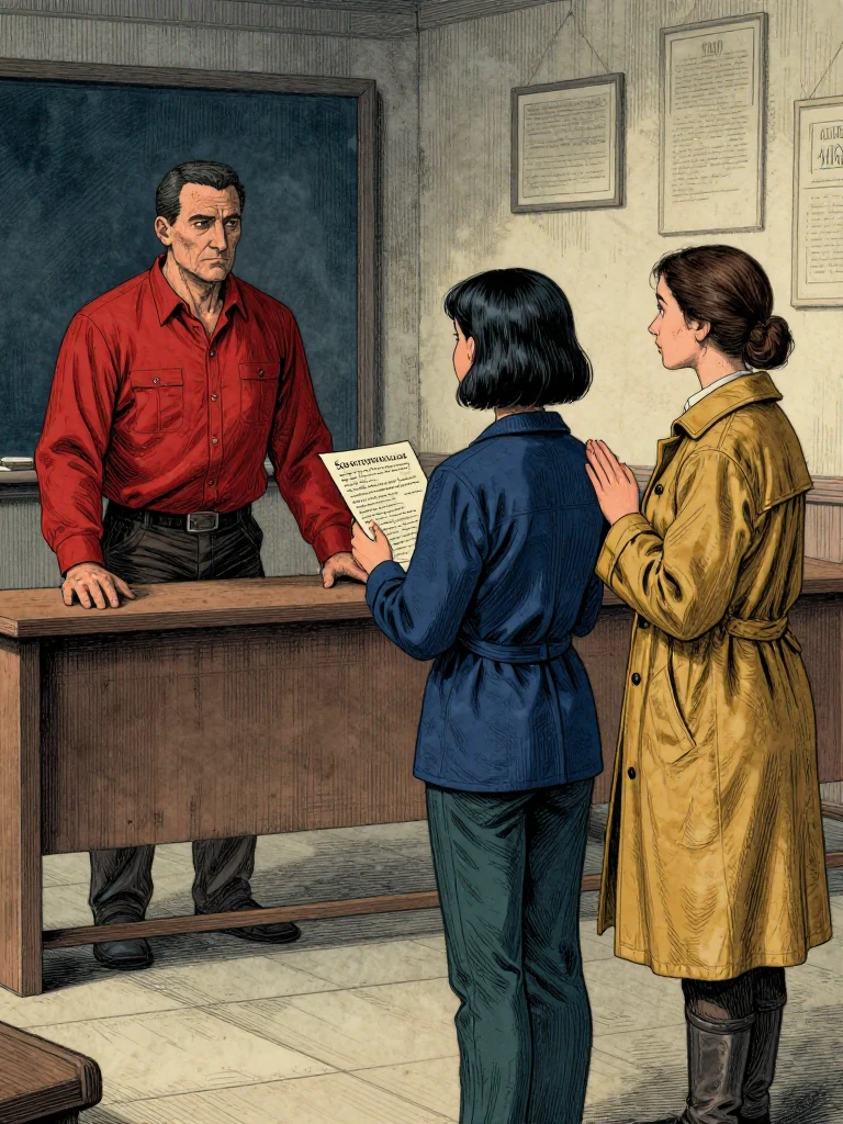 Seln Rook stands rigid behind the teaching rail, palms flat on wood. Tamsin Orr faces him, eyes fixed, holding a sponsor facsimile. Nara Vale stands beside them, fingers closed over a waterproof square in sleeve. Light falls evenly on the gallery floor.