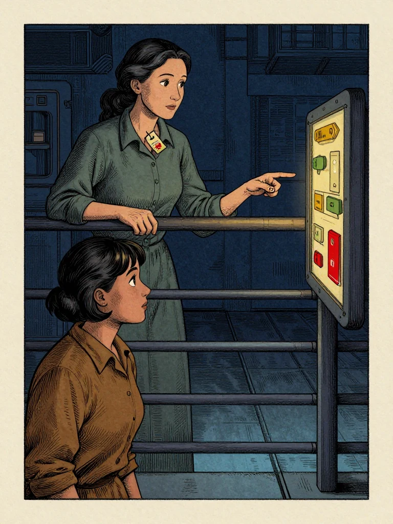 Adra Voss stands at the upper rail, pointing directly at Ilex Mora's darkened channel. the same person leans forward, eyes fixed on the display, hands gripping the rail. Behind them, a first-year clutches a meal token at her throat. The floor glows with fading blue and grey channels under dim, institutional lighting.