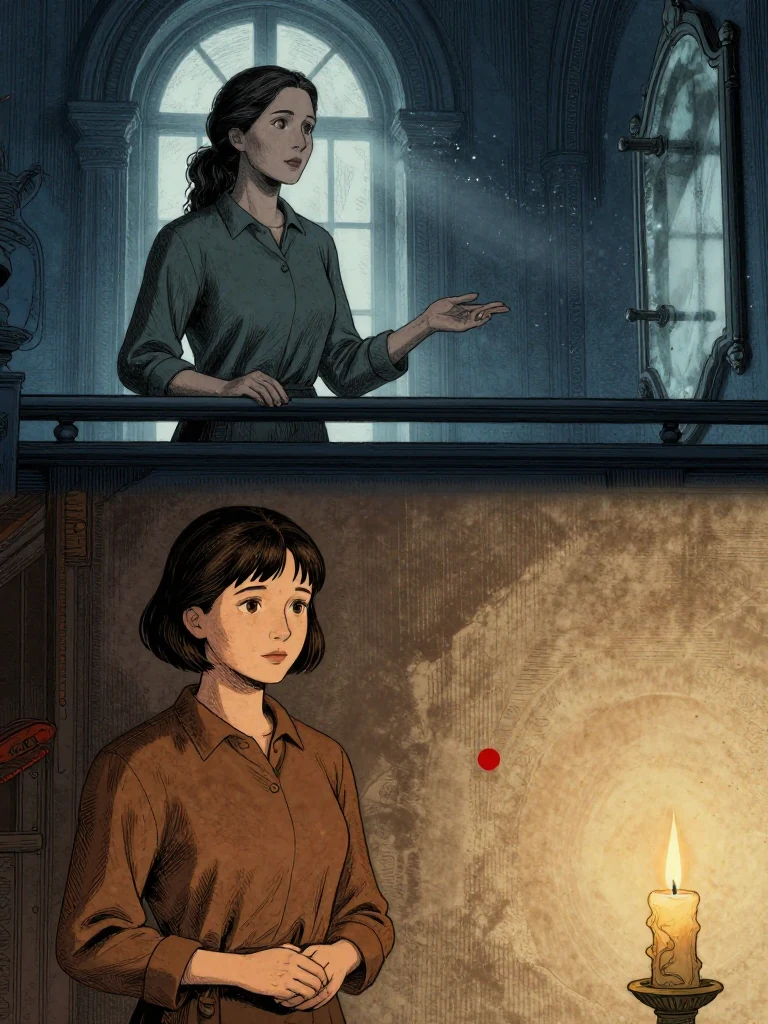 Adra Voss stands at the upper rail, gesturing toward Ilex Mora's dimmed channel. the same person stands below, eyes fixed on the same person, hands clasped. Behind them, the academy mirror glows with fading blue edges and darkening rank routes. Light falls from high windows, illuminating dust motes in the air.