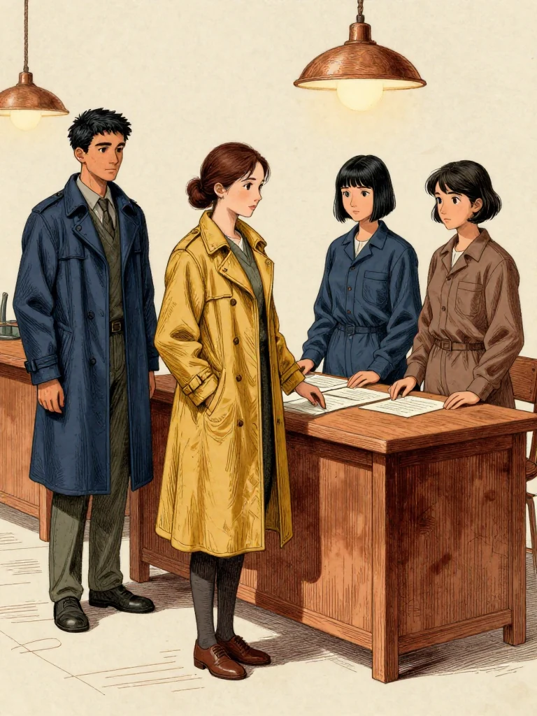 Nara Vale, the same person, stands at the desk, hands steady as she links existing proofs. Kez Brann, the same person, stands beside her. Tamsin Orr, the same person, observes from the side. Ilex Mora, the same person, observes nearby. Overhead lamps cast soft shadows on polished wood. the same person's gaze is fixed, posture controlled. The air holds quiet authority.