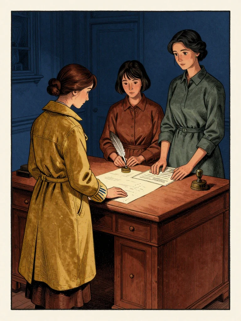 Nara Vale stands at the east desk, her cuff marked with four blue strokes, eyes fixed on the drying marks beneath her hands. Ilex Mora observes from the gallery, quill grey and unmoving. Adra Voss stands behind, stamping a docket, her posture rigid. Light falls evenly on the desk's surface, highlighting the inked lines and the quiet tension in the air.