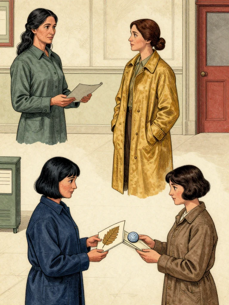 Adra Voss sets a balanced return display across the public floor while Tamsin Orr folds the original allocation leaf against the ribs and carries a third facsimile toward Nara Vale. The beneficiary accepts only the copy as Ilex Mora retains the second beneath a frozen sponsor seal. Bright hall light separates voluntary returns, protected earlier work, and claimant-held custody. Setting: Great Index Hall. Visible objects: Copied Allocation Leaf.