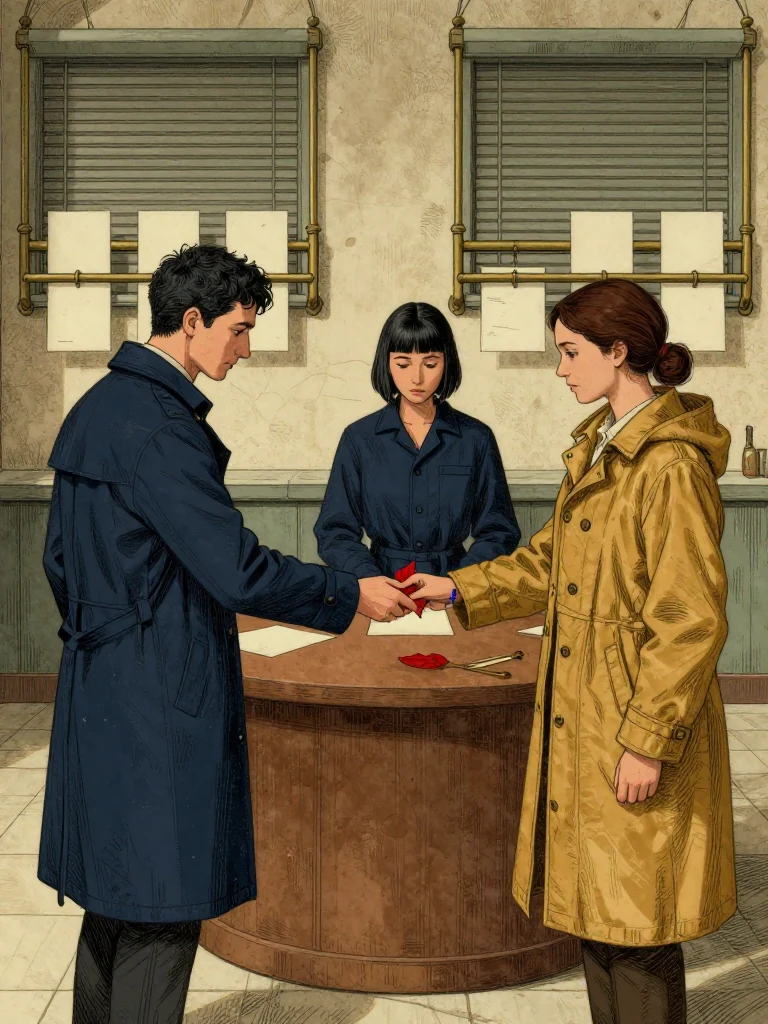 Kez Brann presses one red linen half toward Tamsin Orr's matching wrist as recognition drops and returns across the seven knots. The claimant keeps one hand on the original allocation leaf while Nara Vale waits at the circular desk beside four blue cuff marks. Public clerks distribute blank liability slips along every brass rail beneath shutters prepared for a single brief correction. Setting: Great Index Hall. Visible objects: Copied Allocation Leaf and Reciprocal Red Witness Thread.