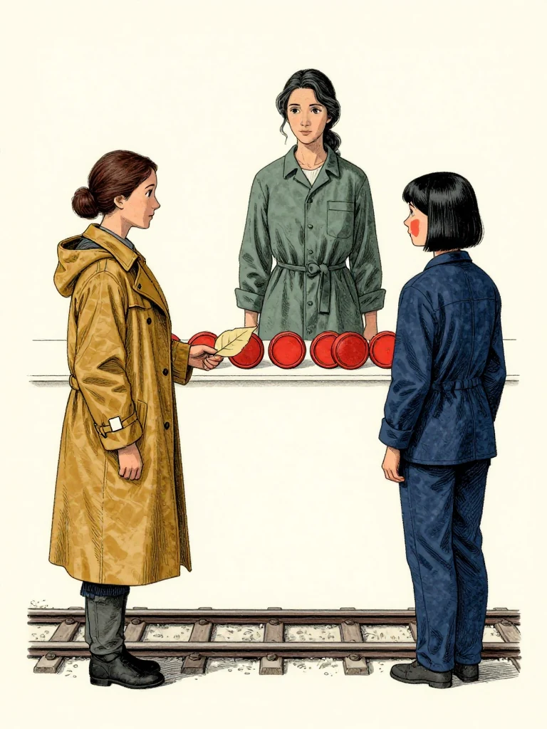 Nara Vale stands at the beneficiary side with a bed tag in the outer pocket and a waterproof square secured inside one sleeve while Adra Voss faces the public rail behind seven ordered seals. Tamsin Orr holds the original allocation leaf flat against the coat and fixes attention on the fourth seal. White gallery light exposes both the central shortcut and the unanswered wider claims. Setting: Great Index Hall. Visible objects: Copied Allocation Leaf.