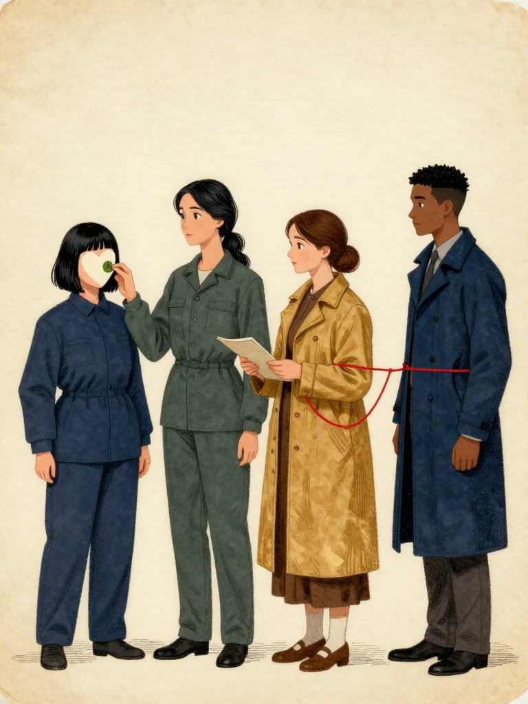 Tamsin Orr places a claimant facsimile on the public line while retaining the original allocation leaf. Adra Voss touches the first seal in measured challenge, Nara Vale opens the beneficiary docket, and Kez Brann holds the red linen connection steady. Hard hall light reveals public custody, provisional services, frozen discretionary routes, and a correction bounded enough to be disputed afterward. Setting: Great Index Hall. Visible objects: Copied Allocation Leaf and Reciprocal Red Witness Thread.