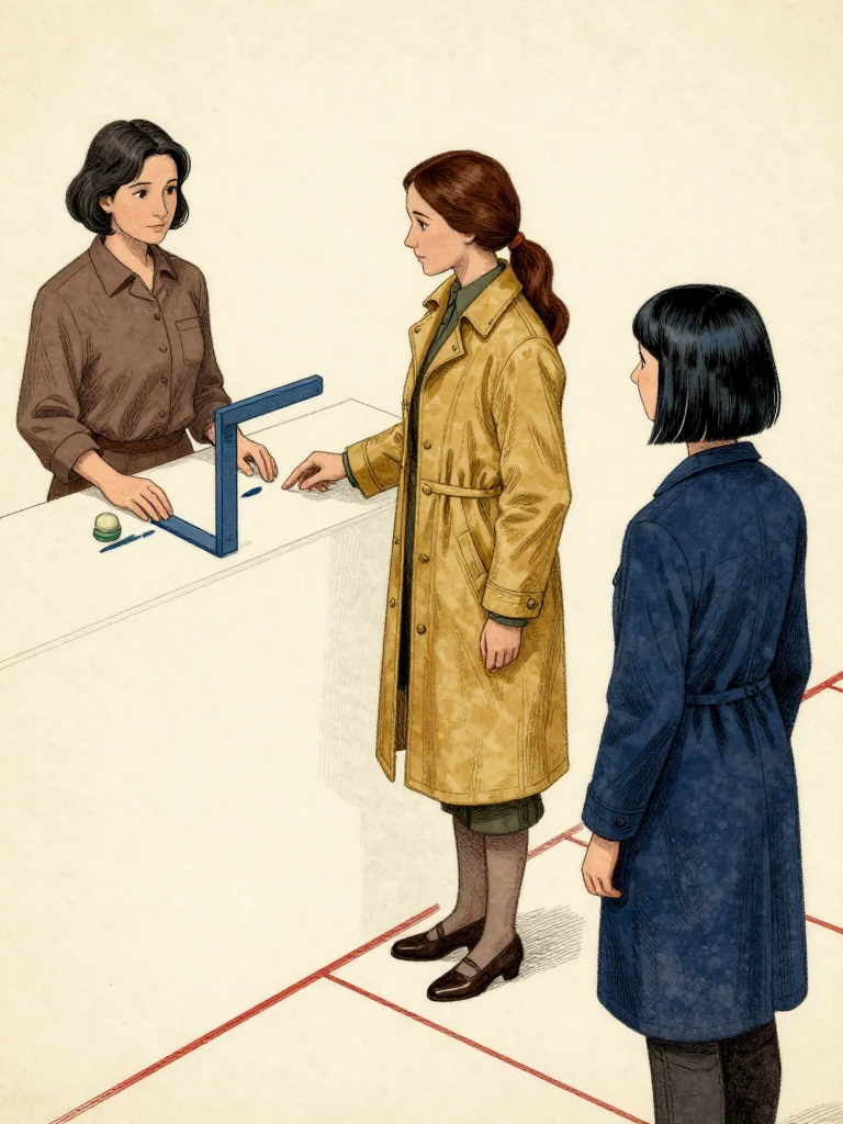 Ilex Mora aligns a separate blue bracket with two assessor seals while Nara Vale places one fingertip on the return field and Tamsin Orr looks toward the beneficiary rather than the marks. The bracket visibly protects two earlier blue strokes as two newer strokes cool toward surrender. Bright floor channels distinguish witnessed work, returned scholarship weight, lost pending privilege, and tightly limited consent. Setting: Great Index Hall.