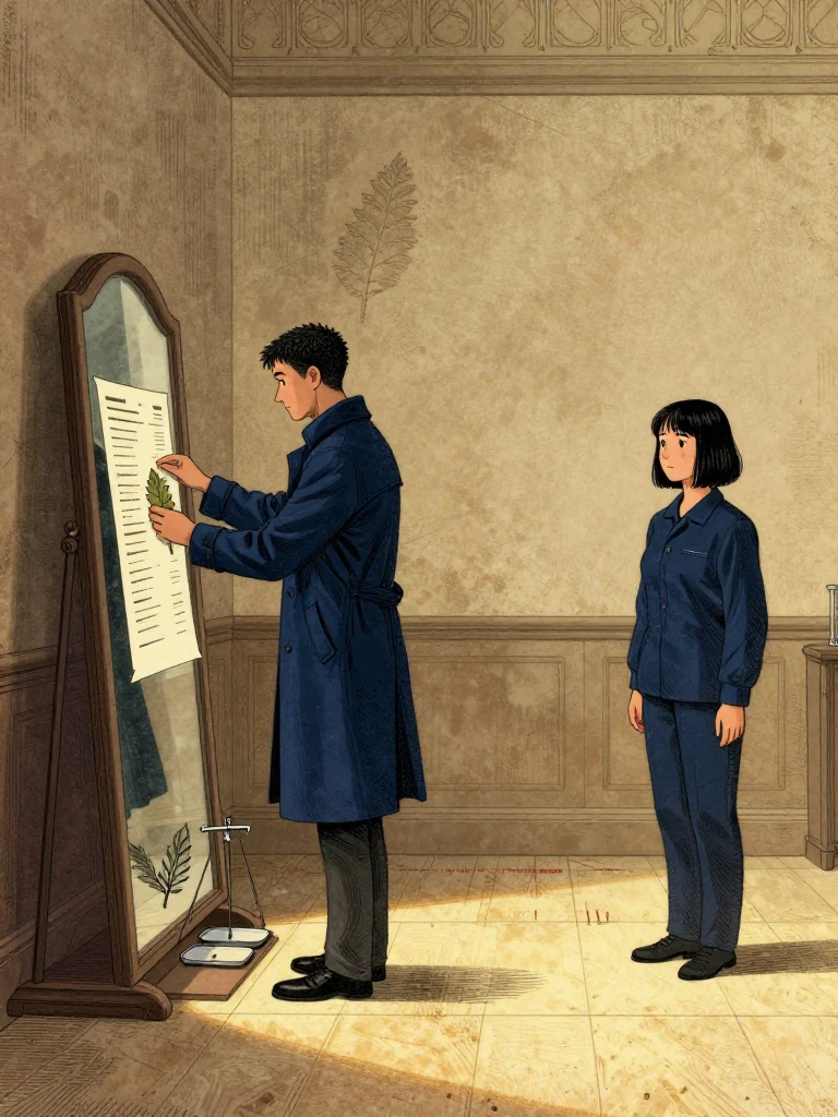 Kez Brann stands at the mirror's base, placing a roster and scale beside a facsimile leaf. Tamsin Orr stands nearby, silent and still. The hall's floor glows with a seven-minute line. Light falls from above, casting sharp shadows on the polished stone. Visible objects: New-Cohort Entrance Roster.