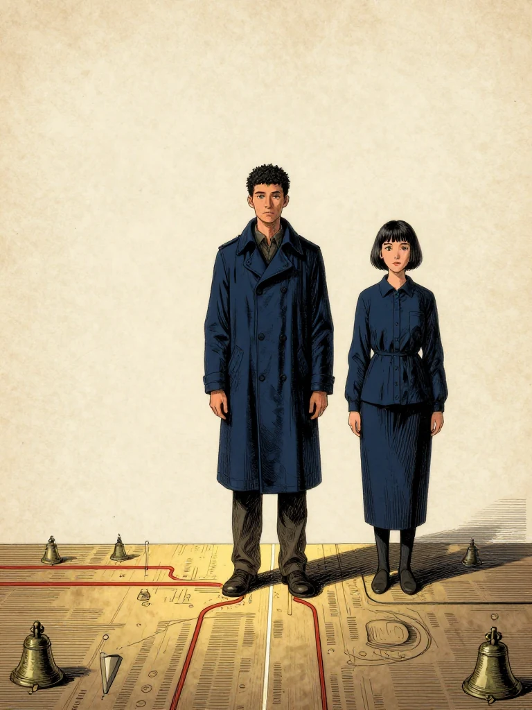 Kez Brann stands at the physical join, hands steady, eyes fixed on the line. Tamsin Orr appears in black beside the claimant line, face visible, gaze forward. The hall's floor glows with active ink channels and witness bells hum low. Light falls from above, sharp and clear, on the two figures and the shifting marks.