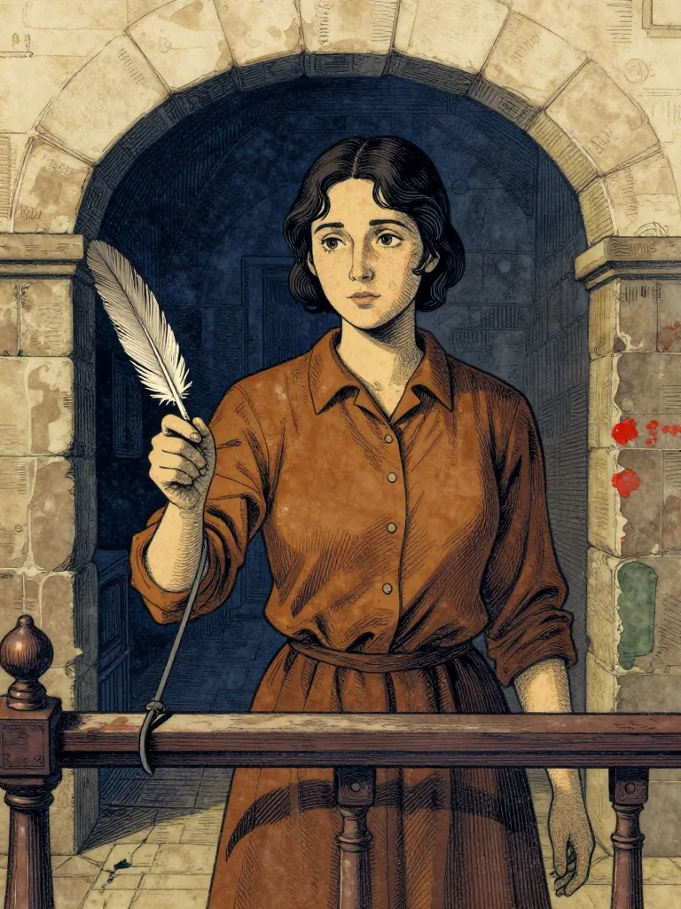 Ilex Mora, the same person, stands centered, signing with her right hand as the grey bond extends from her wrist into the rail. Her posture is firm, gaze directed forward, quill held steady. The hall is dimly lit, stone walls visible behind her.