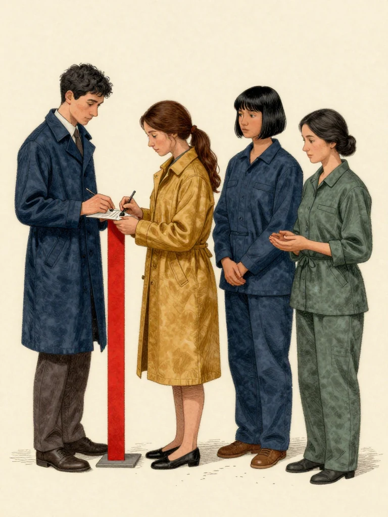 Kez Brann completes a liability slip as material custodian beside the red linen strip while Nara Vale adds a block-hand impression to the next slip. Tamsin Orr stands at the public line asking the gallery to accept answerable evidence, and Adra Voss counts the hands that remain. White light reveals withdrawing palms, surviving seals, and distinct liabilities joining a public chain. Setting: Great Index Hall. Visible objects: Reciprocal Red Witness Thread.