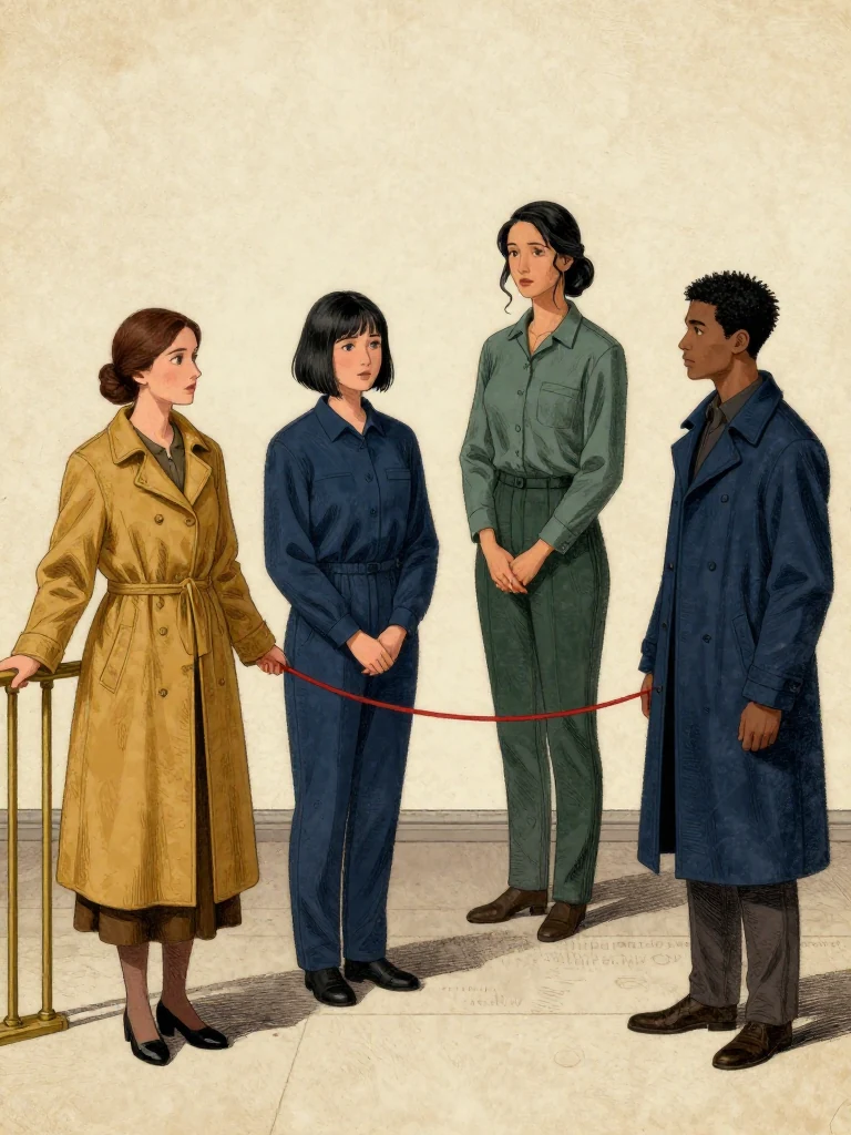 Nara Vale feels the brass rail tremble beneath both palms while Tamsin Orr's claimant line darkens across the public floor. Adra Voss hovers over the fourth seal as central backup, and Kez Brann tightens a fatigued grip on the seven-knot linen strip before changing the remembered fact to a present one. The fifth-minute channel narrows under gathered liability. Setting: Great Index Hall. Visible objects: Reciprocal Red Witness Thread.