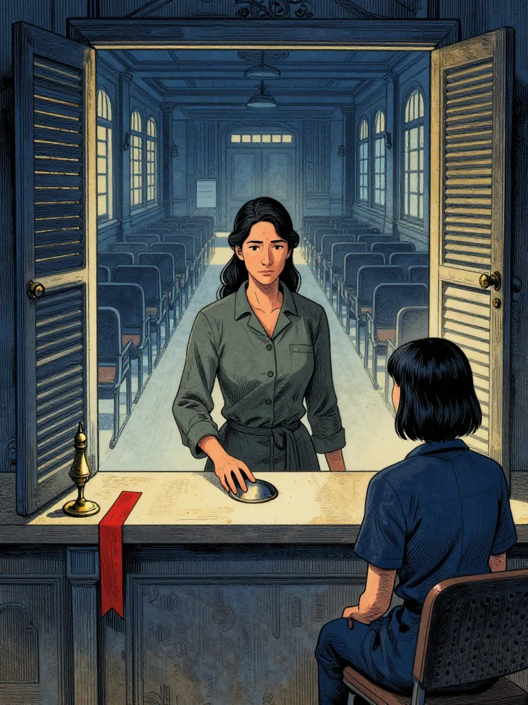 Adra Voss turns the allocation seal face-down at the central desk after Tamsin Orr's dark claimant line cools to stable blue beneath two converging witness-bell vibrations. The red linen strip hangs loose near the public rail. Opening shutters flood the hall with light, revealing provisional meal and housing channels, an empty student-rank field, and frozen transfer authority. Setting: Great Index Hall. Visible objects: Reciprocal Red Witness Thread.