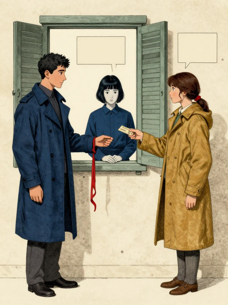 Kez Brann lets the red linen strip hang loose and recognizes Tamsin Orr before touching a knot. The claimant rests one hand briefly on the sleeve, then accepts a meal token and points toward sealed source notices. Nara Vale completes the return docket in a newly recovered habitual stroke. Reopened shutters illuminate blue claimant standing, a retained blank memory square, and restored embodied skill. Setting: Great Index Hall. Visible objects: Reciprocal Red Witness Thread.