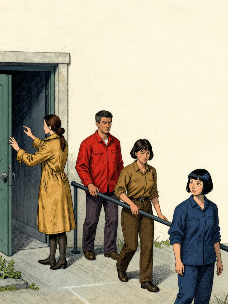 Nara Vale places two fingers beside the first registration line in the wet entrance folio while Seln Rook stops at the rail, Ilex Mora moves close enough to support a loss of balance, and Tamsin Orr leaves the timing choice with the reader. Gray pressure rises in an older direction beneath the removed scholarship join, separating into many distinct suppressed source lines. Setting: Great Index Hall. Visible objects: New-Cohort Entrance Roster.