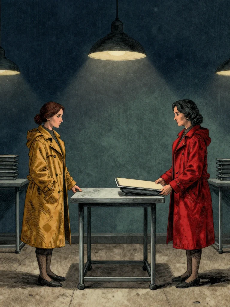 Nara Vale, the same person, stands beside a moving audit tray. Cala Renn, the same person, holds a plain surface. The tray moves slowly across a metallic table. Light glows from overhead lamps. A faint scent of ink lingers in the air. Setting: Margin Bindery.