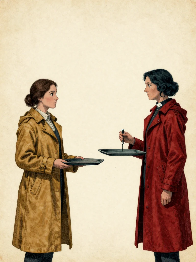 Nara Vale, the same person, stands beside a tray, hands outside its edge. Cala Renn, the same person, stands opposite, wearing a dark coat with ministry tabs at collar and wrist, holding a small capped hand tool over a blank surface. The scene is lit by cool, institutional light, and the tray holds flat surfaces.