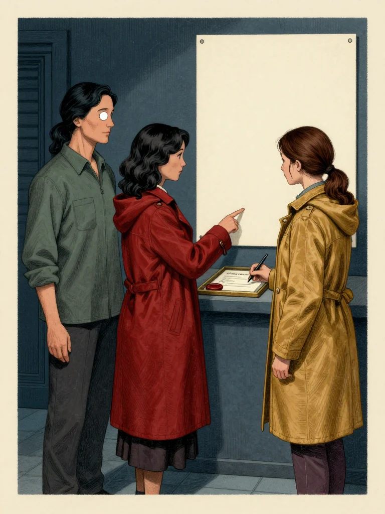 Adra Voss stands opposite Cala Renn with the allocation seal face-down while Nara Vale points to an unbroken identity flap on the cream authorization sheet. The examiner records quarantine time on a blank audit counter. Cool bindery light catches sealed wax, intact folds, brass tray edges, and the procedural boundary between preserving suspect evidence and opening protected identity. Setting: Margin Bindery.
