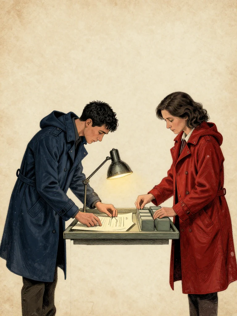 Kez Brann bends over the cream authorization sheet with both hands clear, angles the audit lamp, and slides a hair-thin spacer beside a pale witness ridge. Cala Renn reconstructs intake time with blank counters at the tray edge. Raking light shows the later ink stroke bending around an older embossment, disturbed fold pressure, genuine stock, and a physically reversed witness sequence. Setting: Margin Bindery.