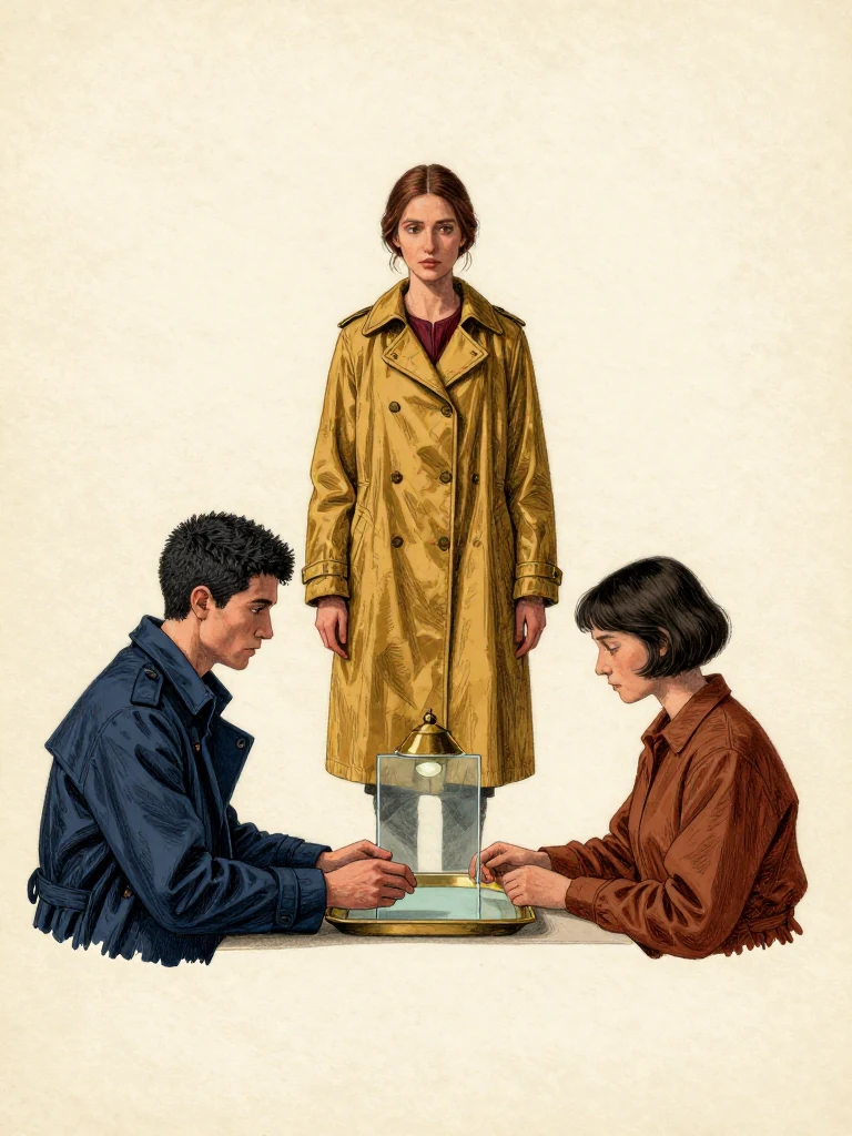 Nara Vale, the same person, stands centered, gaze shifting between Kez Brann, the same person, and Ilex Mora, the same person, both seated. the same person leans forward over a surface; the same person holds a facsimile under glass. Light from an overhead lamp casts soft shadows. A brass tray edge is visible behind the same person's hands.