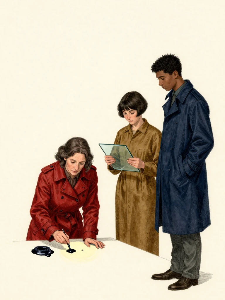 Cala Renn, the same person, works on a time plain surface. Ilex Mora, the same person, holds a facsimile under glass. Kez Brann, the same person, stands nearby. All three face inward, focused on the blank. Light falls from above, illuminating ink and wax. A faint grey shimmer lingers beneath the initials.