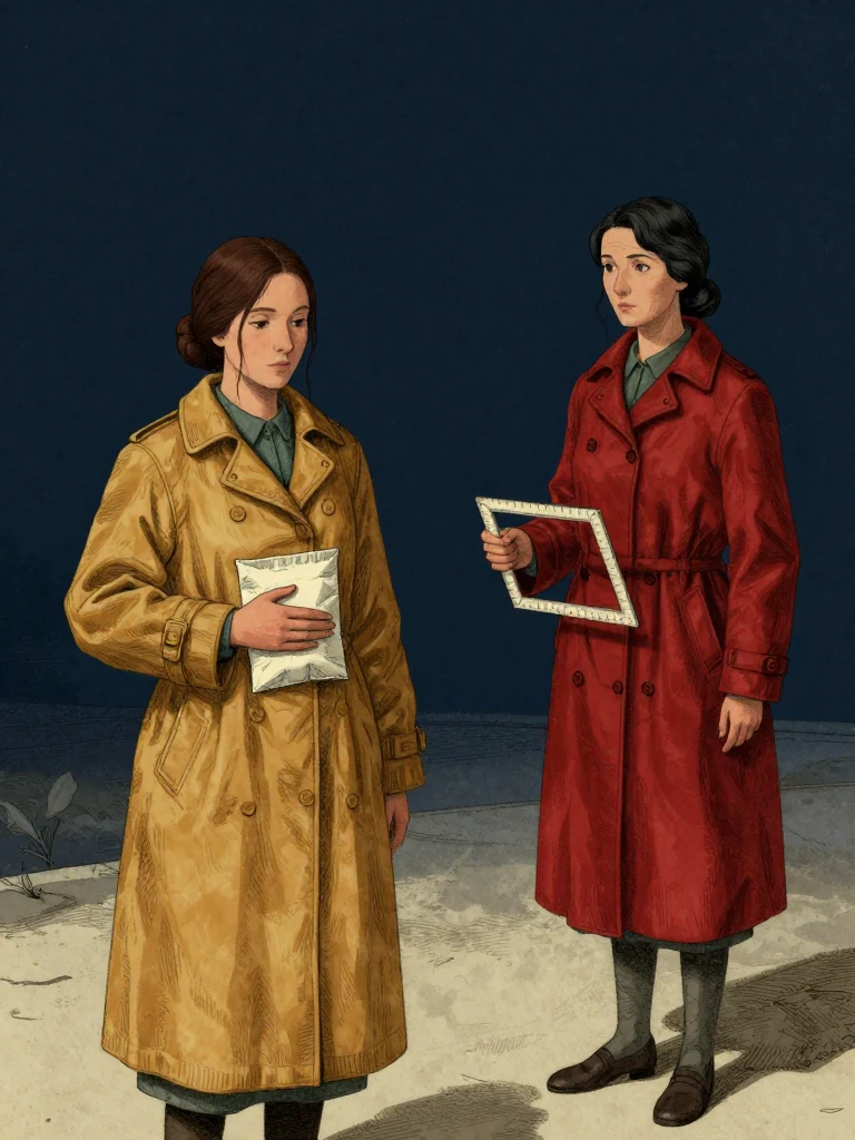 Nara Vale holds a folded packet against her ribs, palm still over it, while Cala Renn stands nearby holding a measuring frame. The packet remains sealed under the same person's hand, untouched. Light falls from above, casting soft shadows on the plain surface.