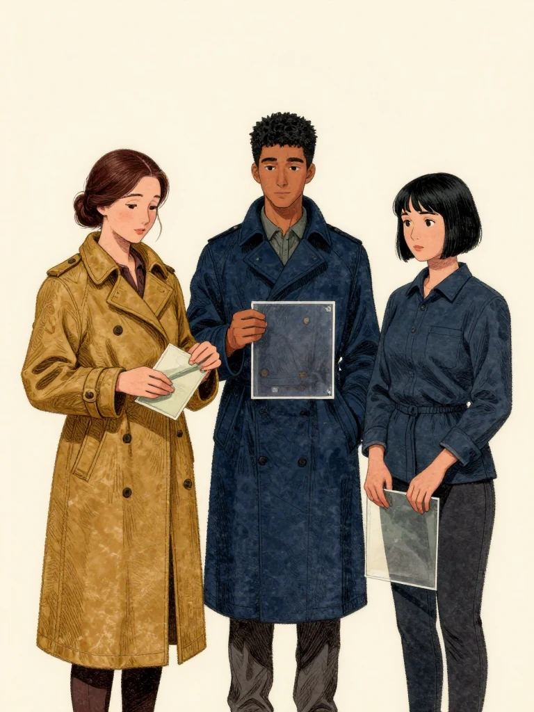 Nara Vale, the same person, holds a folded packet under her palm as she opens her sleeve into a clear frame. Kez Brann, the same person, stands beside her holding the frame's edge. Tamsin Orr, the same person, seals the frame from the side. The packet remains visible beneath the same person's hand. The frame is transparent and rectangular. Light falls evenly from above.