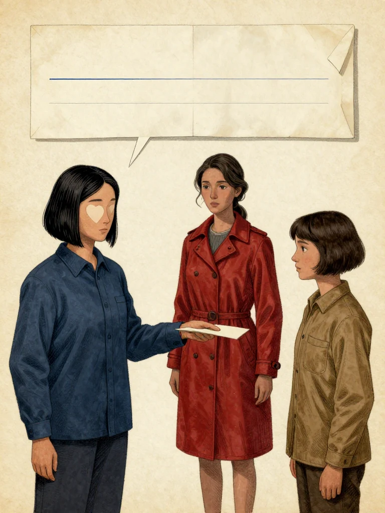 Tamsin Orr touches the sealed contact docket only after Cala Renn enters four bounded conditions and Ilex Mora returns the facsimile to its witness cloth. The docket keeps identity behind a closed flap and carries a single blue claimant-veto line toward the district boundary. Wet daylight catches one deliberate fold, separated custody, and an approach governed by invitation. Setting: Unnamed Quarter.