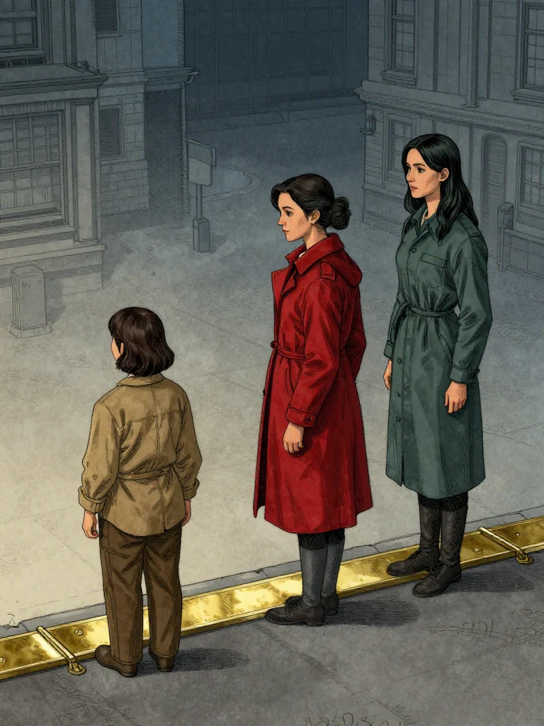 Ilex Mora stands still on the city side of the brass strip, facing the flap. Cala Renn and Adra Voss stand beside her, also facing the flap. The air is still, the light flat and gray, and the brass strip gleams underfoot. Setting: Unnamed Quarter.