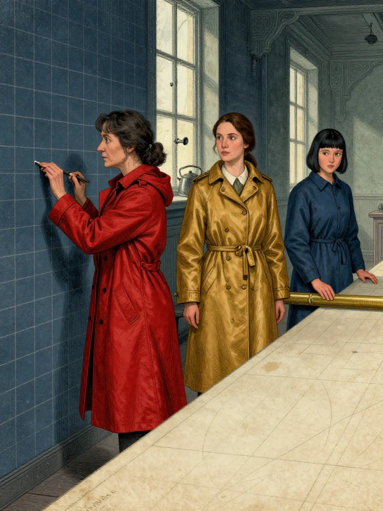 Cala Renn, the same person, taps line A with her small capped hand tool's blunt end. Nara Vale, the same person, stands beside her, eyes on the slate. Tamsin Orr, the same person, steps over the brass strip behind them. Wet chalk grids line the walls. Light filters through high windows. A kettle whistle echoes faintly in the background. Setting: Unnamed Quarter.