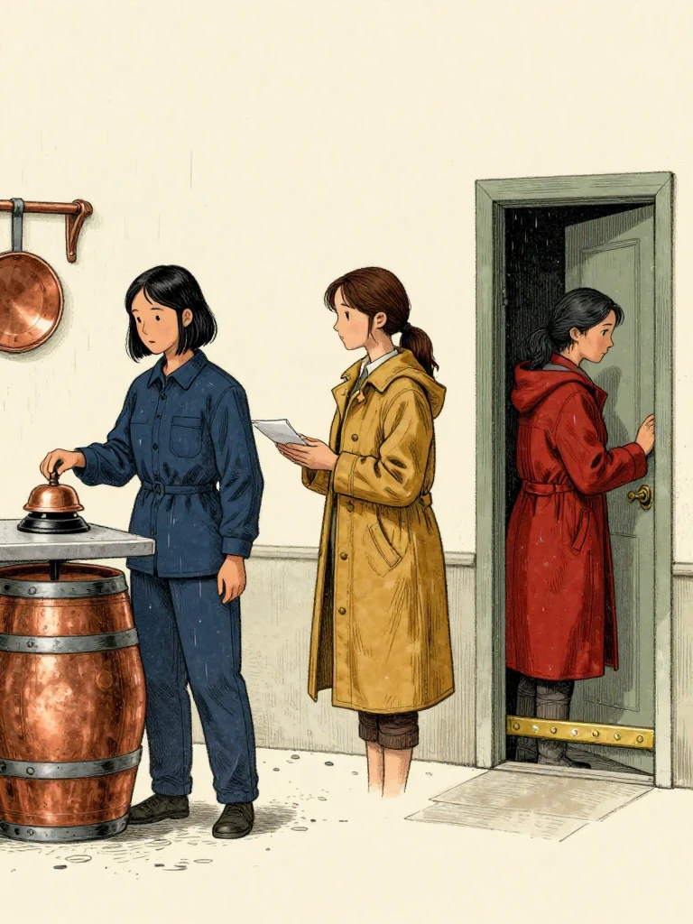 Tamsin Orr strikes a punched rhythm on the kitchen bell at a rain-wet rear court while Nara Vale keeps open hands beside the sealed contact docket and Cala Renn remains behind the brass threshold. An unnamed resident opens a narrow door and counts two hinges before studying the closed flap. Copper pans, shared barrel, flour dust, reader-black, and delivery string establish cautious local custody. Setting: Unnamed Quarter.