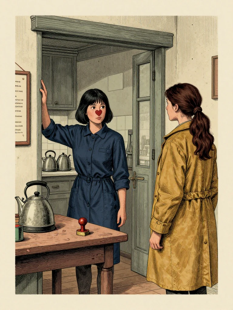 Tamsin Orr enters only after the unnamed resident touches the lintel and indicates one room while Nara Vale remains within the same invited boundary. The resident keeps a worn former-student seal in hand beside a scarred table. Soft kitchen light reveals two cooling kettles, a route board turned toward the wall, delivery string, and the preserved scope of one private testimony. Setting: Unnamed Quarter.