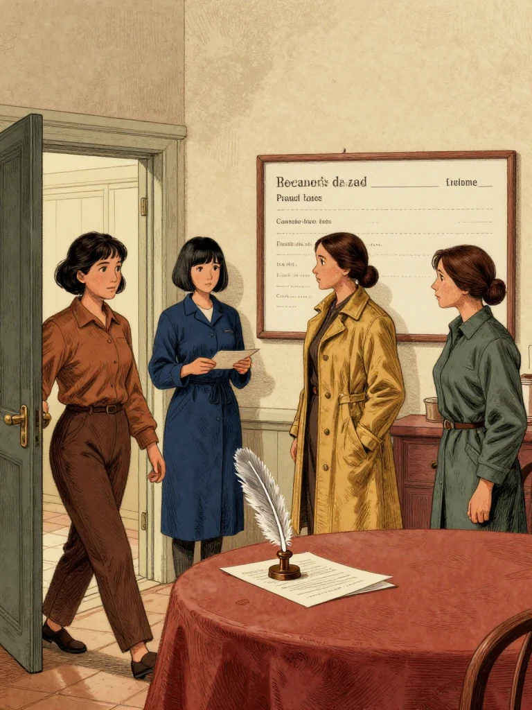 Ilex Mora crosses the kitchen threshold after Tamsin Orr returns with an invitation while Nara Vale remains near the wall-facing route board. Etta Sorn points to an empty table place before the first person aligns a gray quill seal and public facsimile. Warm light catches a tightened delivery string, sealed contact docket, and the formal distance separating protected initials from personal consent. Setting: Unnamed Quarter.