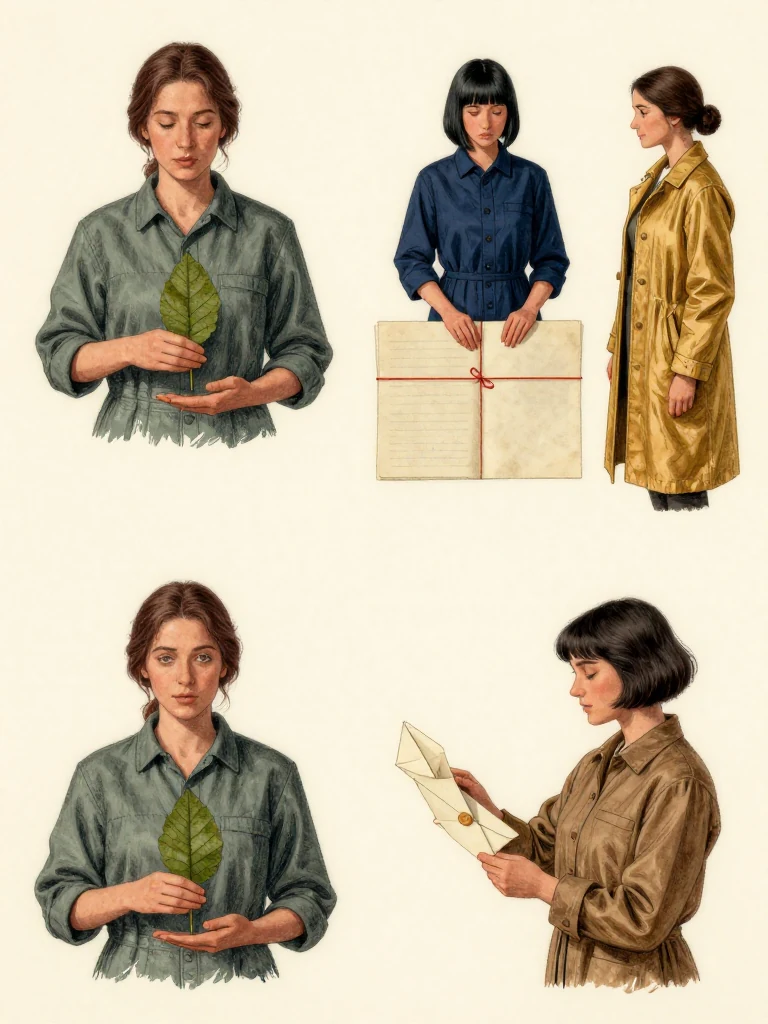 Etta Sorn keeps one palm over the claimant-held leaf after choosing public scope while Tamsin Orr makes one flat impression on each of two authorized copies. Nara Vale stays beyond the turned audit copy, and Ilex Mora receives the folded leaf inside a sealed envelope. Soft kitchen light reveals the old seal, delivery string, separate custody paths, and a voluntary identity disclosure bounded by listeners. Setting: Unnamed Quarter.