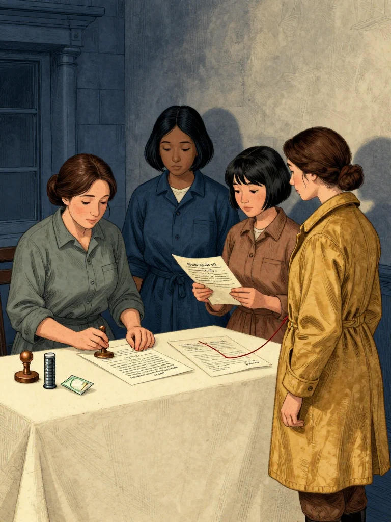 Etta Sorn holds an old seal and medicine packet while an unnamed house witness sets two chalk counters beside them and presses a sealed witness code across both authorized copies. Tamsin Orr steadies the claimant copy, Ilex Mora compares only the frozen privilege route, and Nara Vale observes the uncut delivery string. Warm light distinguishes witnessed travel from unwitnessed student history and authorization. Setting: Unnamed Quarter.