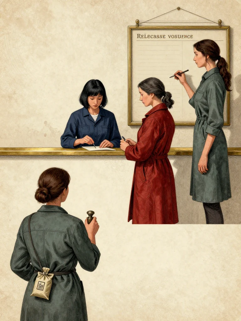 Etta Sorn carries the old seal and medicine packet toward the district boundary after checking a consequence surface from bottom to top. Tamsin Orr seals the second authorized copy under the claimant's gaze, Cala Renn records custody at the brass strip, and Adra Voss examines only the released consequence field. Gray daylight leaves the wall-facing route board and claimant copy under local control. Setting: Unnamed Quarter.