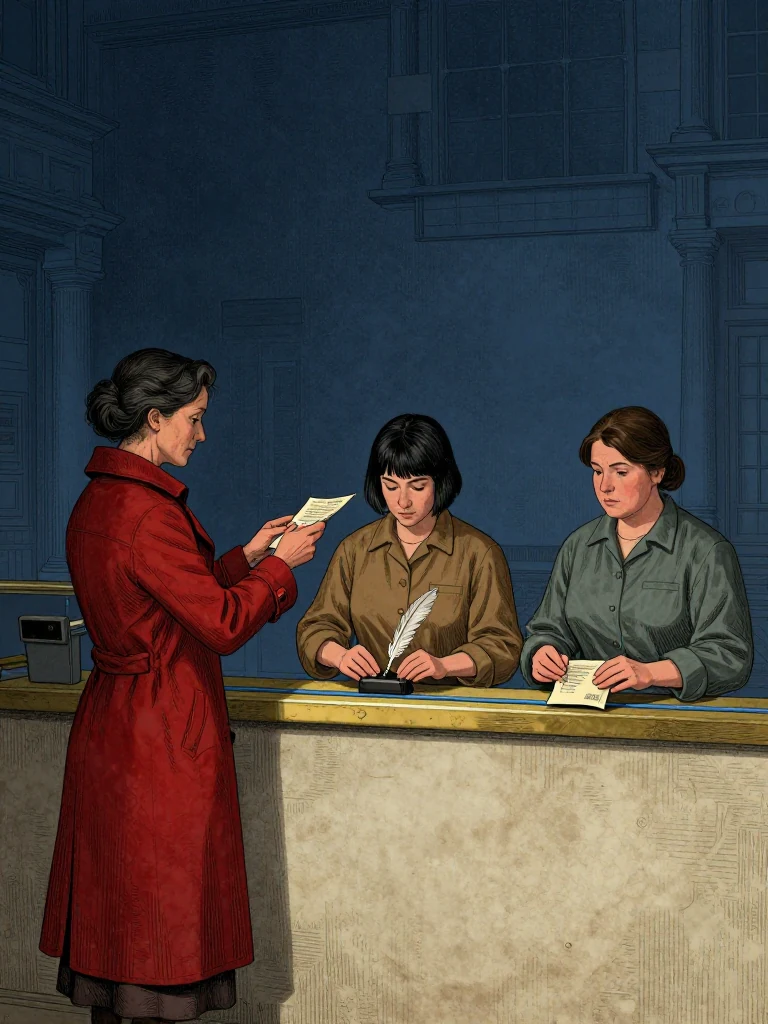 Cala Renn seals a line-specific return order and lifts both hands from the district reader while Ilex Mora closes the ended quill case and Etta Sorn holds the medicine packet across the brass strip. The authorized clerk engages one narrow blue channel. Cool boundary light reveals a claimant-held house copy, one portable service line, and every broader allocation bar remaining physically still. Setting: Unnamed Quarter.