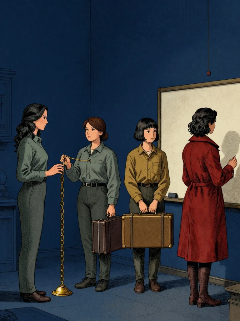 Adra Voss, the same person, touches the first seal on her chain. Etta Sorn, the same person, stands nearby with loosened delivery string. Ilex Mora, the same person, holds her case closed. Cala Renn, the same person, turns toward a white slate. All stand in a quiet, lit administrative space within an uncluttered space.