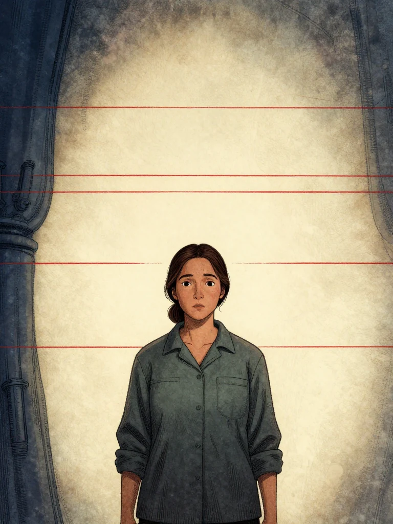 Etta Sorn stands still, eyes fixed on three lines before her, posture neutral, hands at sides. The setting is dimly lit, focused on the lines. The composition keeps every visible silhouette spatially distinct and clearly legible.