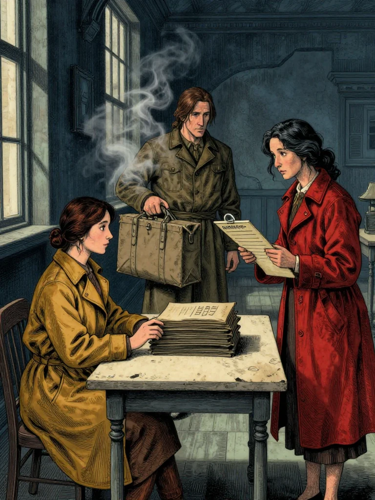Nara Vale, the same person, sits at a scarred table with her thumb over a stack. Oren Pell, the same person, enters through flour steam carrying a canvas case, setting it down. Cala Renn, the same person, holds her examiner slate with line B visible beneath the reader glass. Light filters through high windows, casting soft shadows over the table and case.