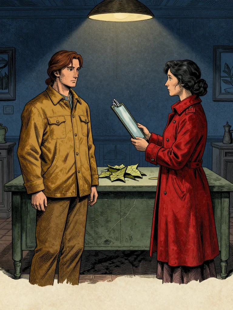 Oren Pell, the same person, stands still with arms at his sides, facing Cala Renn, the same person, who holds her slate tilted toward him. The slate's reader glass reflects faint light. Behind them, a scarred table holds sealed meal leaves. The room is dim, lit only by a single overhead lamp casting soft shadows.