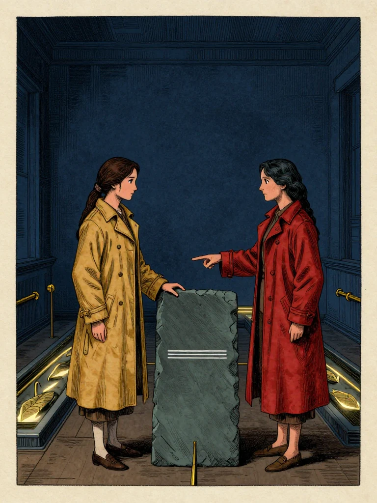 Nara Vale stands beside a slate, hand resting on it, while Cala Renn points at two lines on the slate. Behind them, two dry channels glow faintly, each holding a sealed leaf. The room is dimly lit, with brass transfer lines visible beneath the channels.