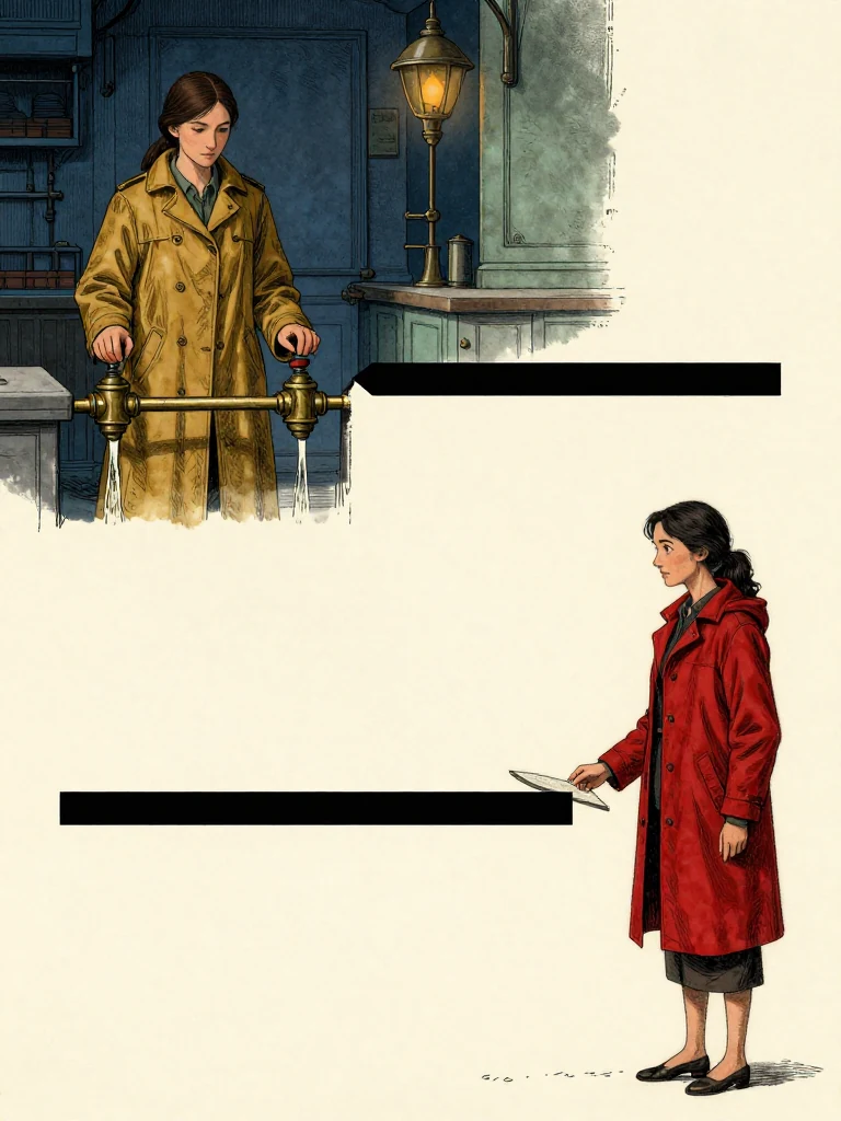 Nara Vale keeps both hands near the stop controls as two dry channels begin filling above an unbroken brass transfer line while Cala Renn tracks the convergence on the examiner slate. Two separate black bars briefly appear before the right bar bends exactly over the left. Amber kitchen light exposes a shared external meal-obligation root beneath distinct portable entries and triggers the prepared conflict test. Setting: Unnamed Quarter.
