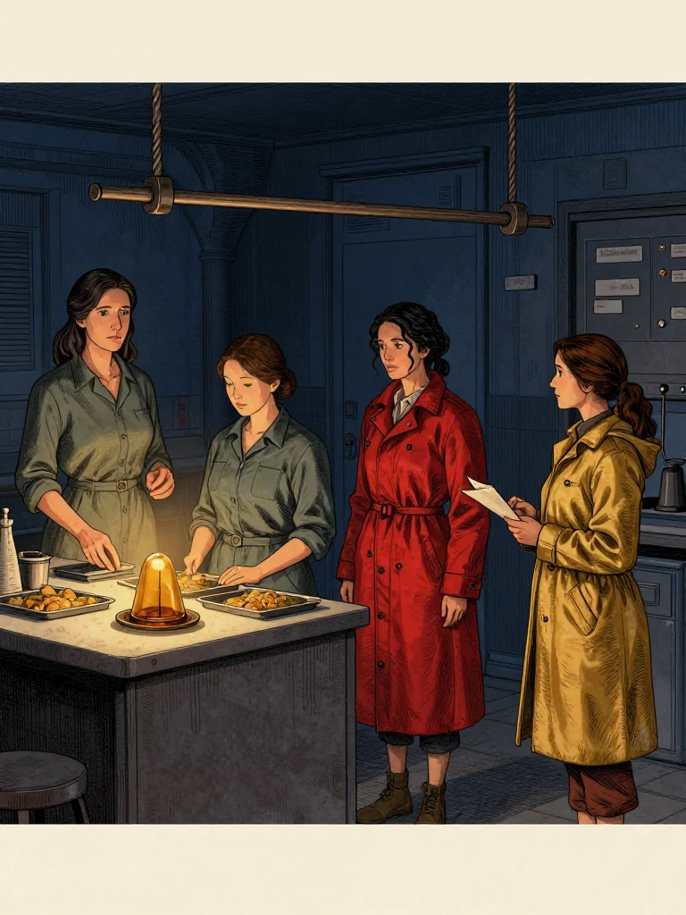 Adra Voss turns the first seal beside the amber reader while Etta Sorn keeps both identity flaps covered, Cala Renn records the failed transfer, and Nara Vale holds position near the stop controls. The portable weight bar remains empty above two conflict-held channels. Warm kitchen light catches separate host trays, intact local meal lines, and an upstream dependency exposed by honest downstream witnesses. Setting: Unnamed Quarter.